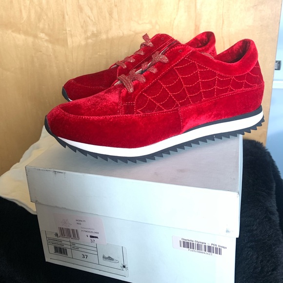 Charlotte Olympia Red Velvet Work It Trainers Sneakers - Picture 1 of 9